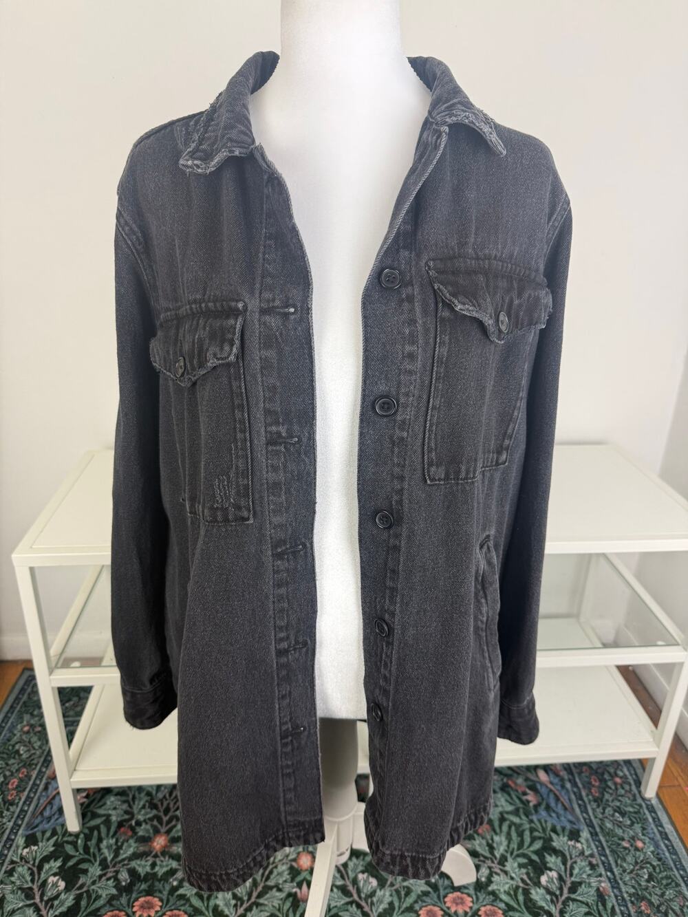 Zara Womens Denim Pockets Oversized Button Front 90s Jet Black Washed Jacket XS